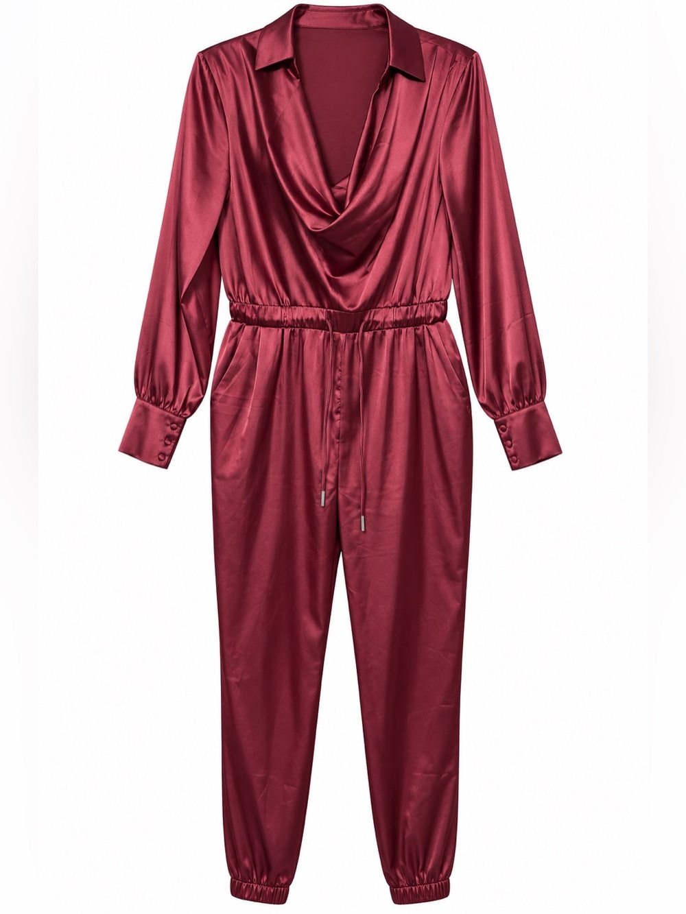 Fashion Nova burgundy satin-look jumpsuit, women’s size L. Foldable collar cowl